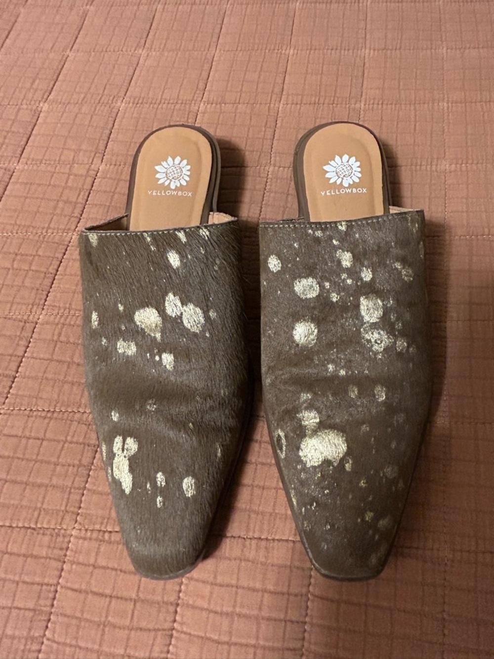 Yellow Box Brown Faux-Hair Mules with Gold Speckle